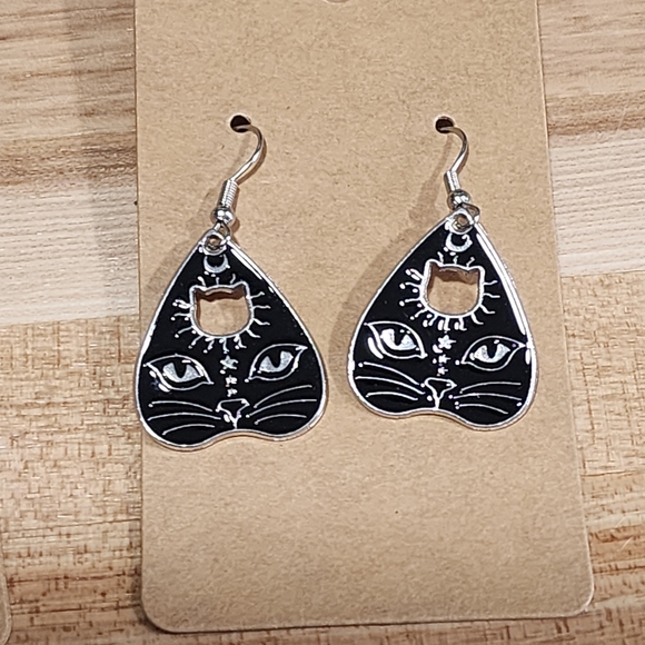 Handmade Black Cat With Ouija Eye Shape Pink Tiger Cat Enamel Metal Earrings Set - Picture 4 of 8